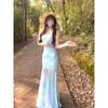 Blue Mesh Floral Suspender Dress Women's Summer Seaside Vacation Beach Dress Slim Hip Fish Tail Long Skirt