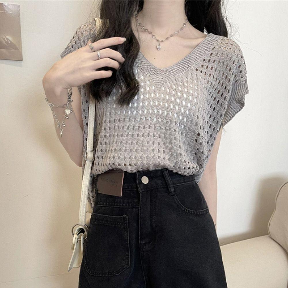 V-neck Hollow Out Knit T-shirt Oversized Beach Crochet Sweater Vest Leisure Streetwear