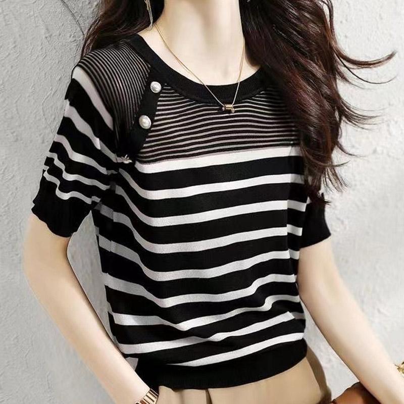 Женские свитера, пуловеры, 2025, лето, короткий рукав, полосатый, с круглым вырезом, белый, черный, вязаный свитер, женские топы, пуловер JJ275