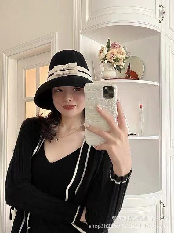 Autumn new wool felt hat Hepburn style woolen hat bow webbing fashion concave basin hat