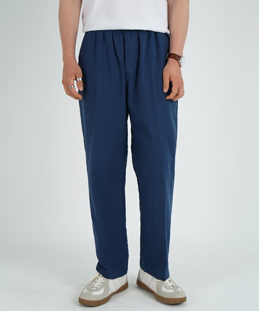 COSTUME O’CLOCK Linen Cotton Elastic Waist Crop Slacks Dark Blue