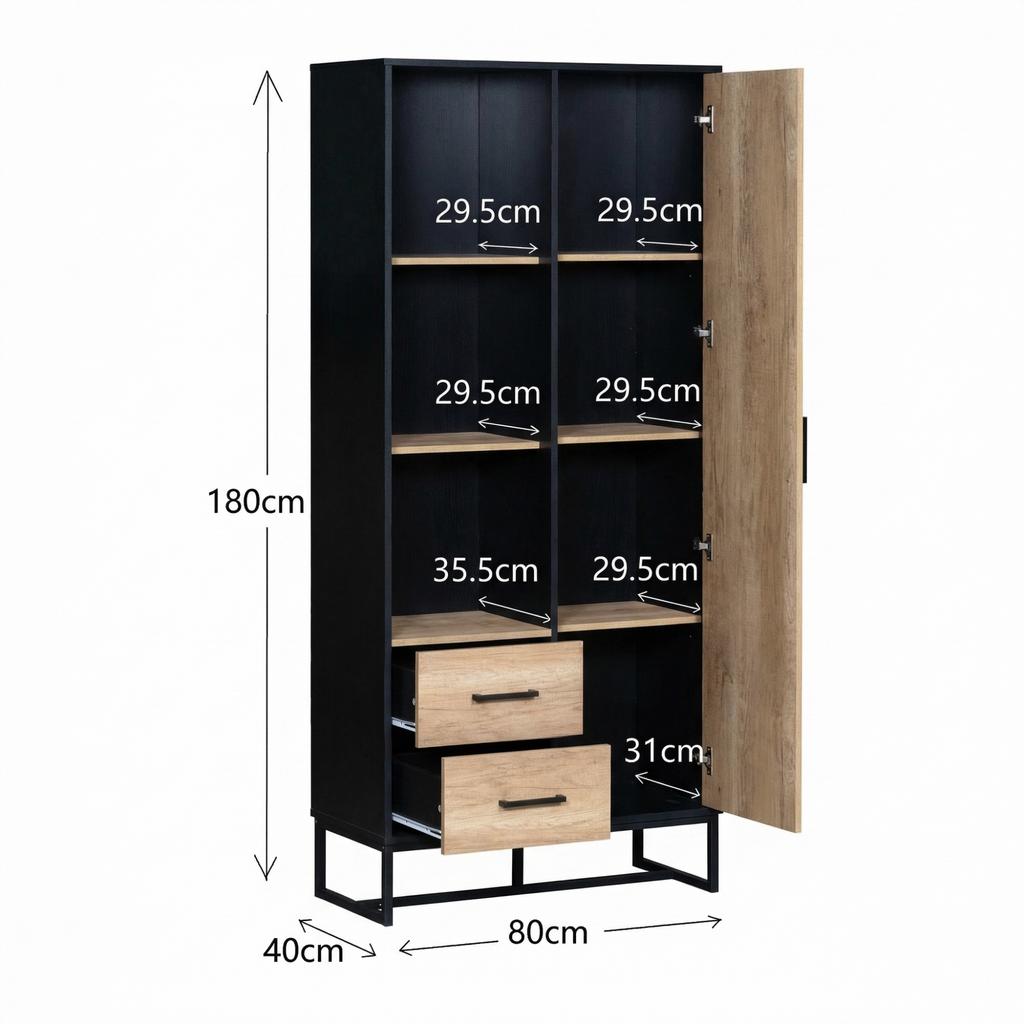 Modern highboard cabinet 80x40x180 cm – wood-look, black frame, door, 2 drawers & 3 open compartments – versatile storage for living room, office
