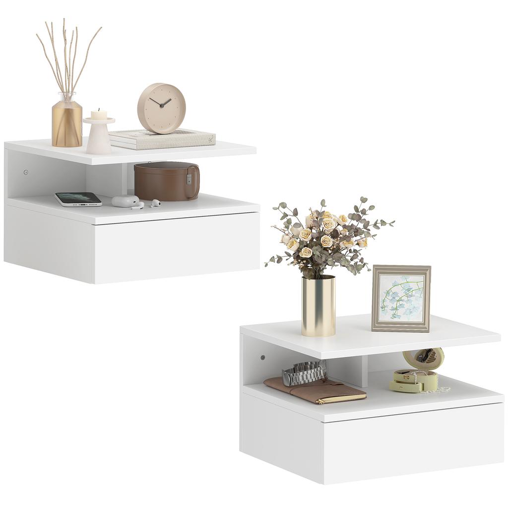 Set of 2 Floating Nightstands, Drawer and Open Shelf, 35x32x22.5 cm, White