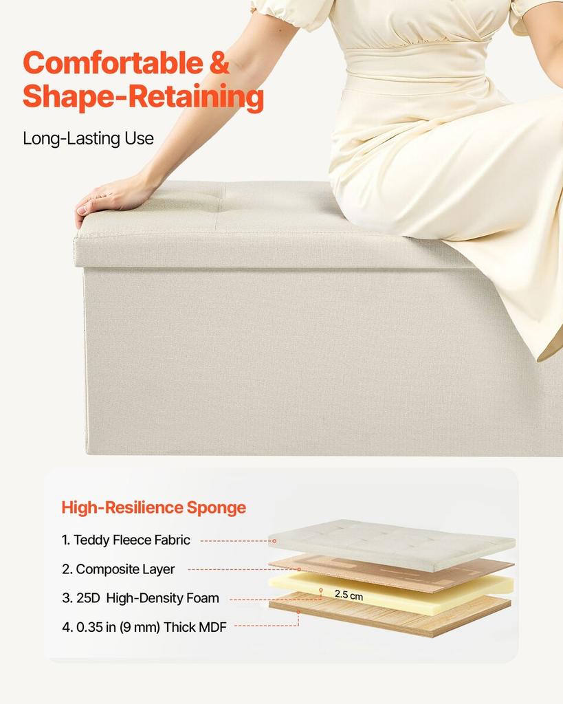 Foldable Storage Ottoman Bench, End of Bed Bench with Side Bags, Folding Upholstered Storage Chest Supports 660 lbs, Linen Bed Ottoman with Large