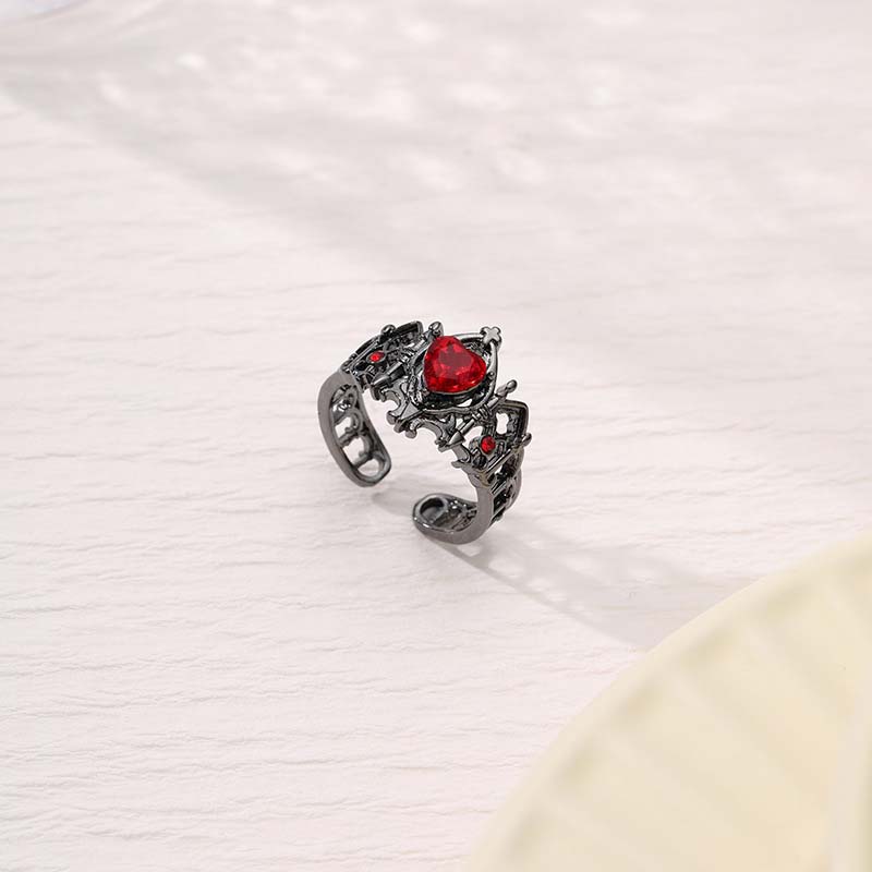 Punk Red Crystal Heart Rings for Women Vintage Metal Geometric Hollow Love Personality Finger Rings Y2K Jewelry Wholesale