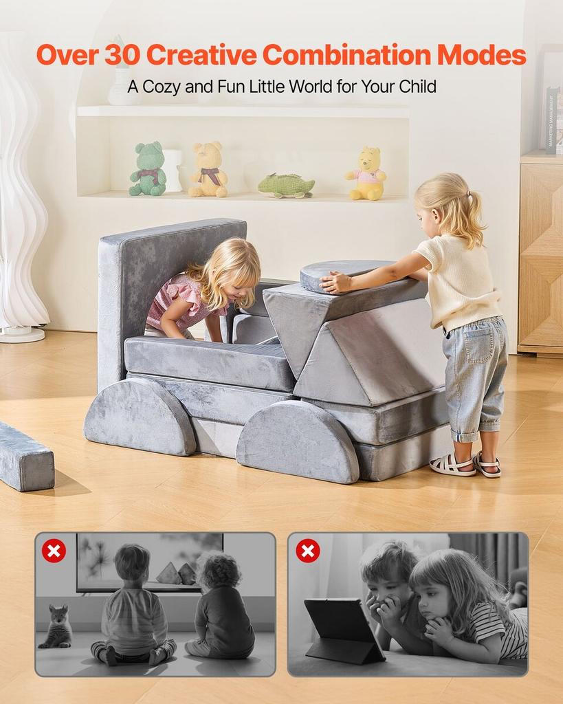 Modular Kids Play Couch, Sectional Toddler Sofa with Armrests, 28D Sponge & Short Pile, Convertible Kids Modular Couch DIY Creative Combination for