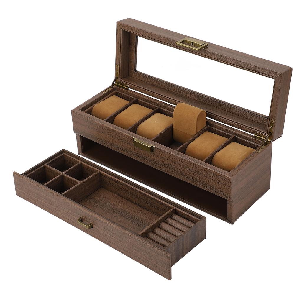 Watch Holder Vintage Grain PU Leather Double Layers 6 Slot Watch Holder Organizer