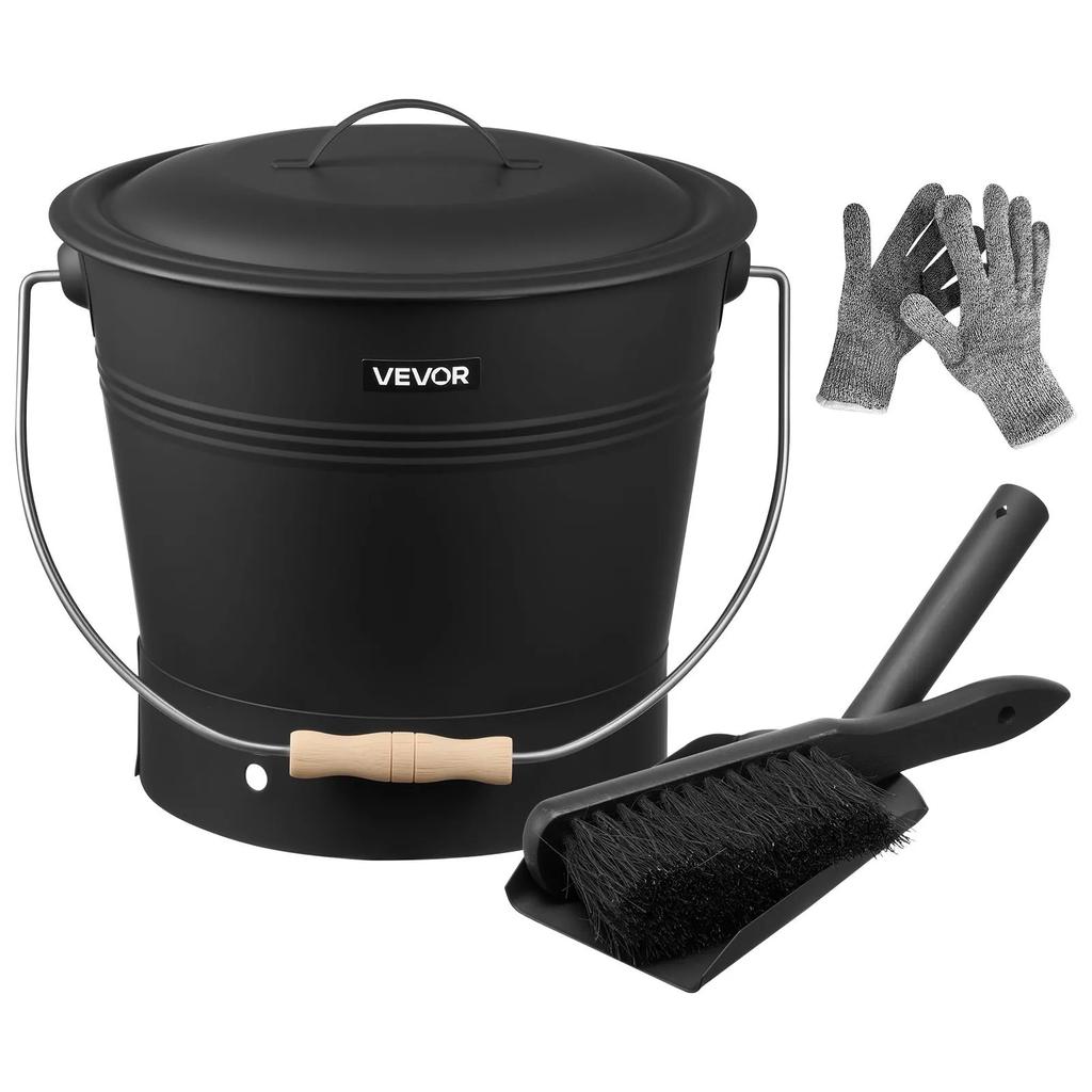 VEVOR Ash Bucket, 4 PCS with Lid, Shovel, Broom and Gloves, Metal Fireplace Charcoal Bucket and Ash Can, 9.8L Large Capacity for Fireplace, Fire Pits