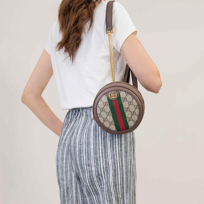 Gucci Ophidia Полоска с логотипом Канва и кожа Круглая сумка Рюкзак Мини Женский рюкзак Эбеновый Коричневый 598661-96IWG-8745