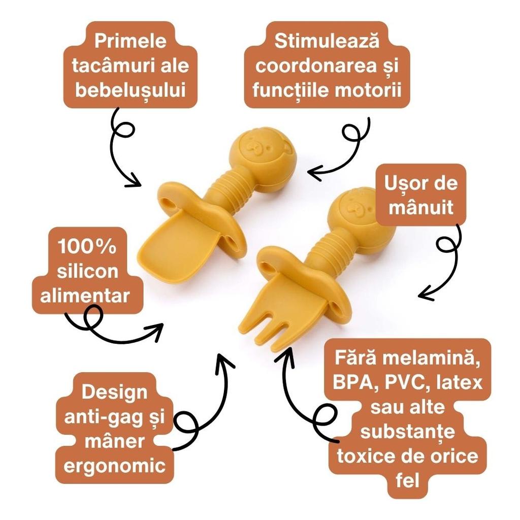 Dodoli Baby Training Spoon and Fork Set, Food-Grade Silicone, Anti-Gag Design, 10cm, Honey Yellow