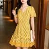 Женское летнее платье мини с V-образным вырезом, короткими рукавами, в горошек, с кружевной отделкой подола, повседневное