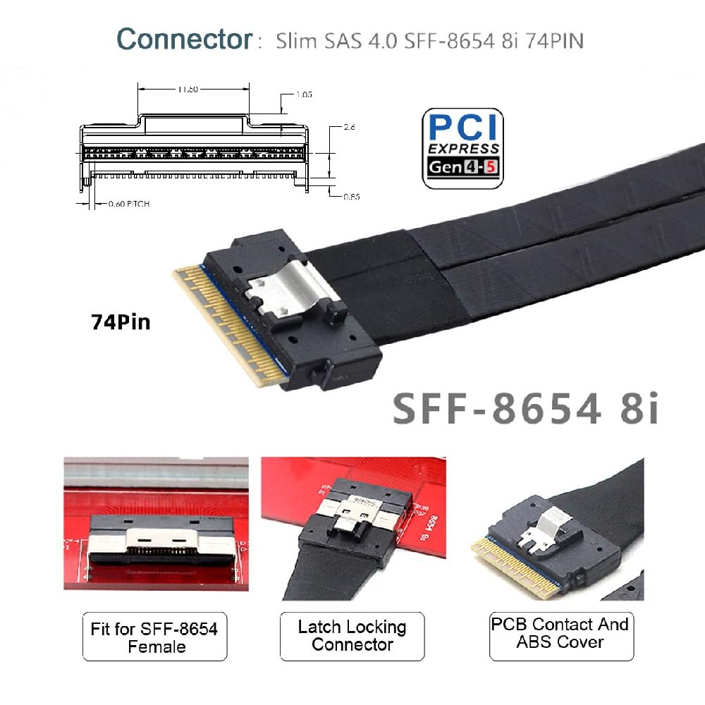 NFHK Внешний тонкий двойной адаптер SFF-8654 8X 74-контактный - PCIE 16X Express 5.0 PCIE 4.0 RAID VROC Hyper (Поддерживает длинные кабели, оснащен линейным красным