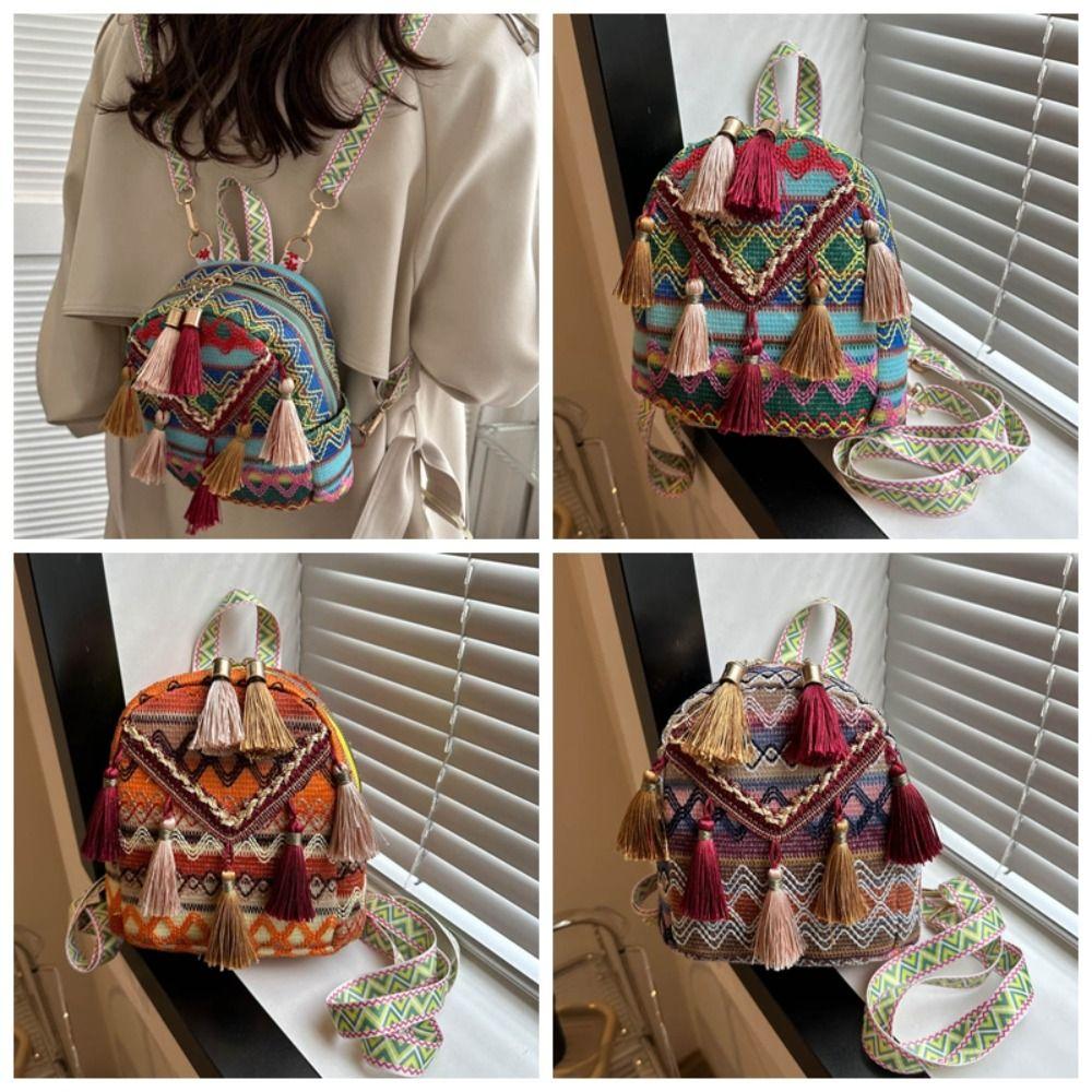 Stripe Ethnic Style Tassel Backpack Small School Bag Chinese Style Handbag Outdoor