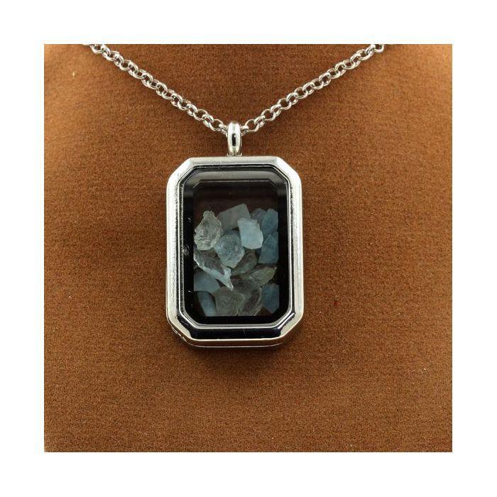 Necklace - Stones and Minerals - Raw Aquamarine - Rectangle with Cut Sides - Stainless Steel - Mixed