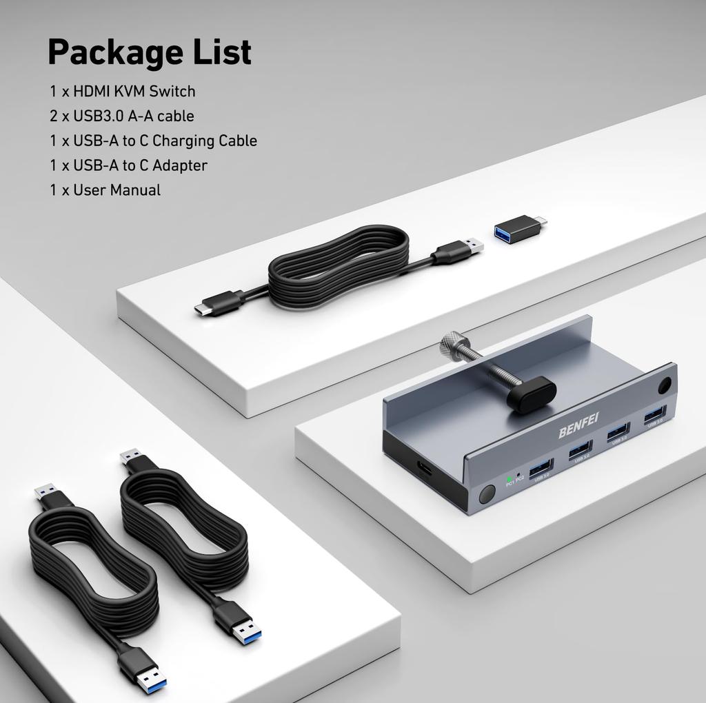 KVM-переключатель BENFEI HDMI (8K@60Гц/4K@240Гц) USB-переключатель с 4 портами USB 3.0, для 2 компьютеров, общий монитор, клавиатура и мышь. Простое подключение с