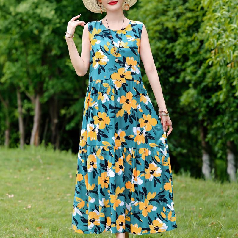 Элегантное женское платье без рукавов больших размеров с коротким рукавом и винтажным принтом, длинное платье, летняя повседневная женская одежда среднего возраста