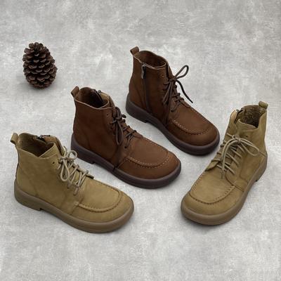 Ретро Ботильоны из Натуральной Кожи в Британском Стиле на Шнуровке с Боковой Молнией Женская Обувь