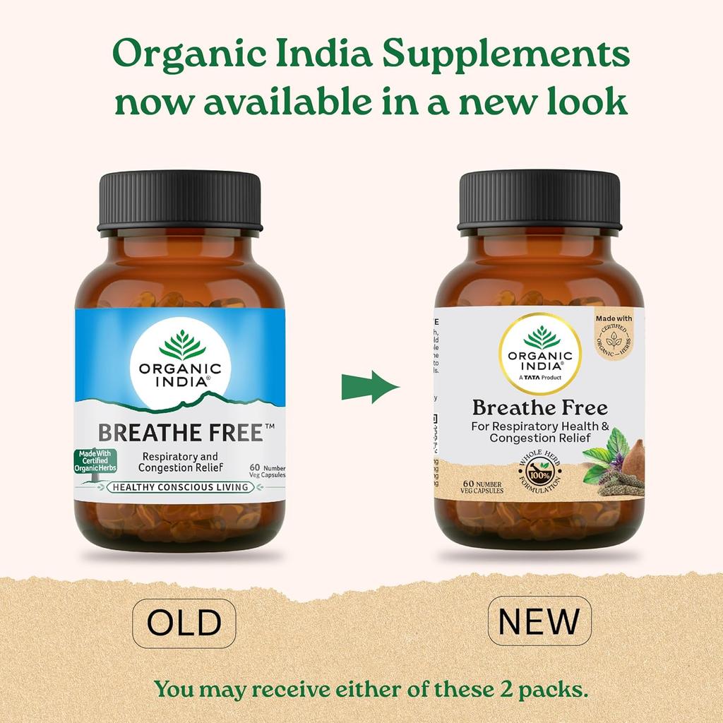 ORGANIC INDIA Breathe Free 60 растительных капсул для комфортного дыхания, облегчения заложенности и поддержки легких, натуральная травяная формула