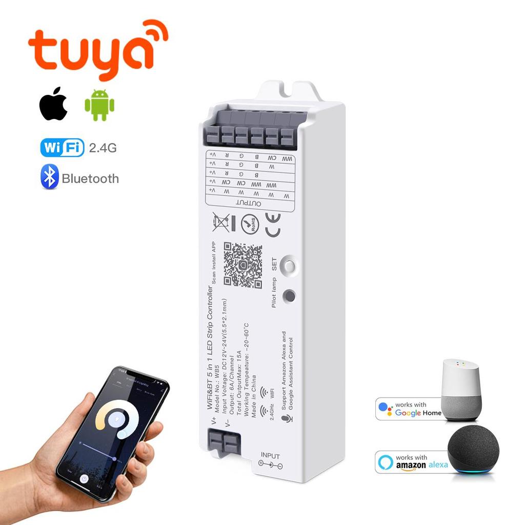 Умный светодиодный RGB-контроллер Tuya WiFi 5 в 1, 12 В-24 В постоянного тока, голосовое управление RGBCCT RGBW CCT, одноцветная светодиодная лента Alexa Google Home