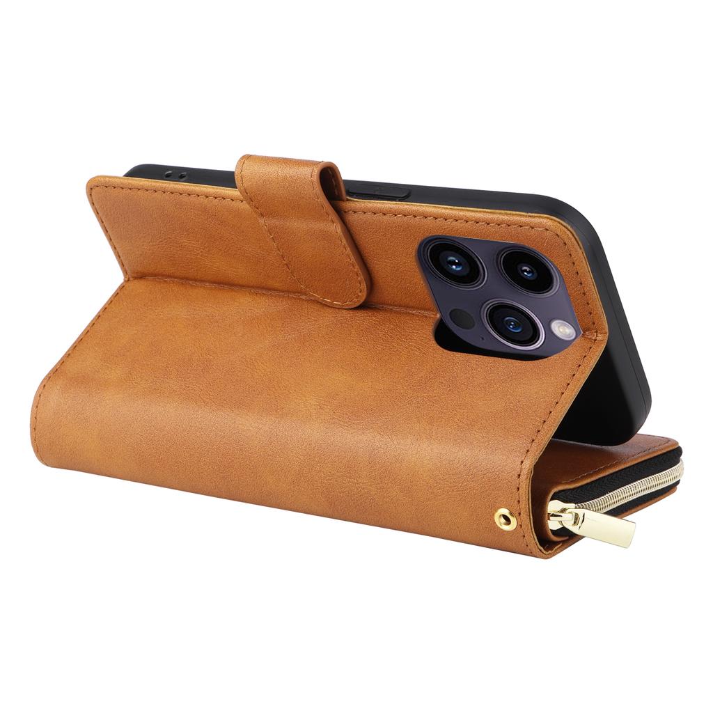 For iPhone 15 Pro Cases 9 Card Slots PU Leather Wallet Zippered Phone Stand Cover