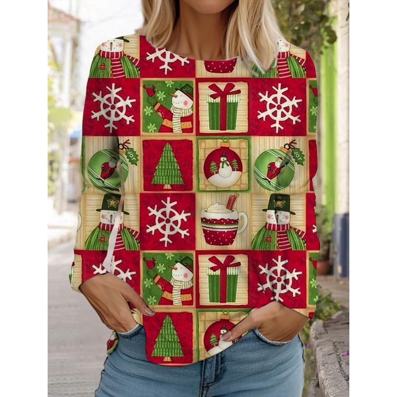 Женская футболка с длинным рукавом и рождественским принтом оленей, спортивный повседневный милый полиэстер с круглым вырезом и длинным рукавом