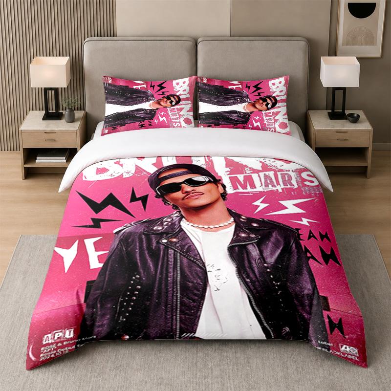 3Pcs Bed Set,Bruno Mars 1 Duvet Cover and 2 Pillowcases, Printed Bedding Decor For Guest Room