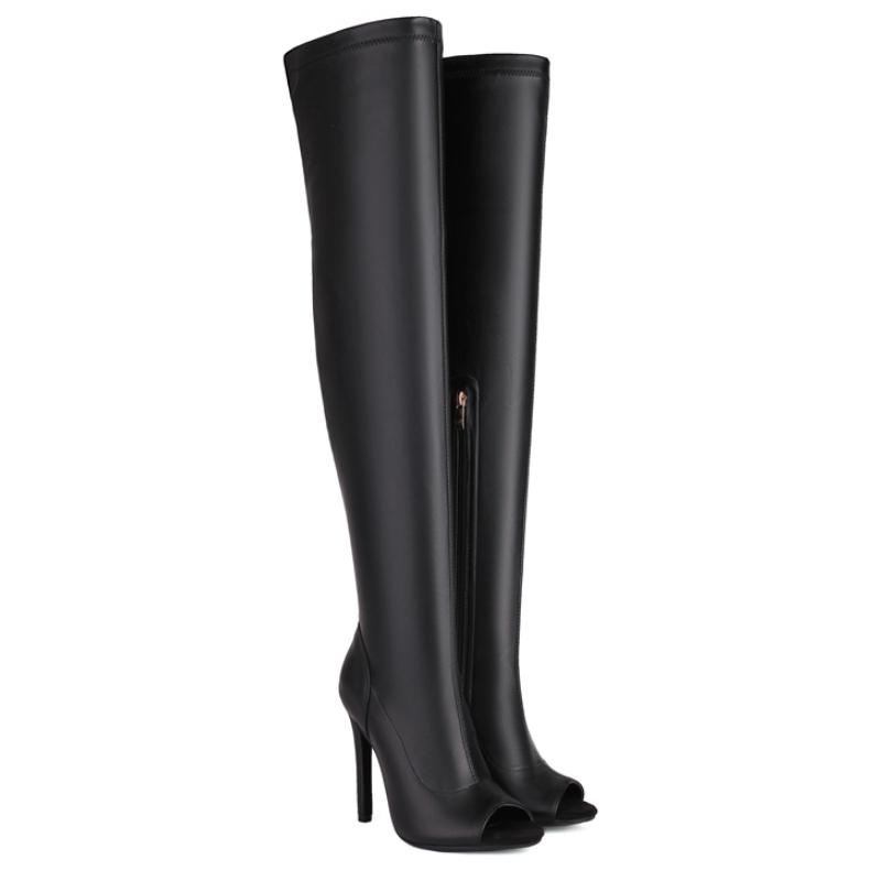 Модные сексуальные сапоги выше колена с открытым носком, женские эластичные красные, белые, черные, на каблуках, длинные сапоги для ночного клуба, танцевальная обувь для вечеринок, женские, большие размеры