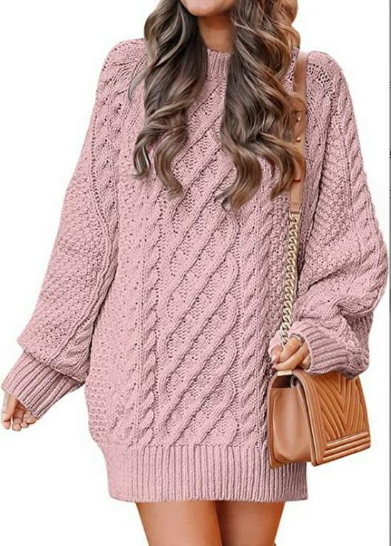 Европейское и американское женское объемное платье-свитер крупной вязки - Круглый вырез, Длинный рукав, Средняя длина, Теплое