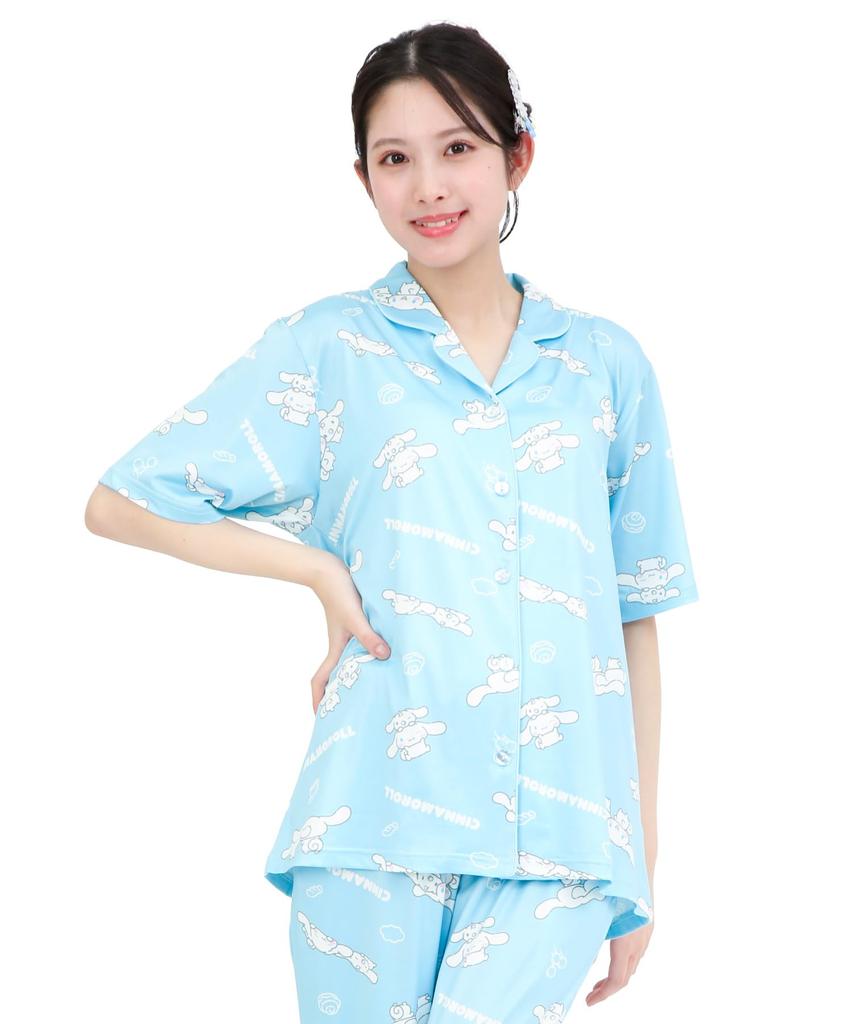SAZAC Cinnamoroll and Milk Shirt Powder Stretch Short Sleeve and Long Pants Loungewear Pajamas, Fabric, Women's Set, (Sax/L/SAN1951)