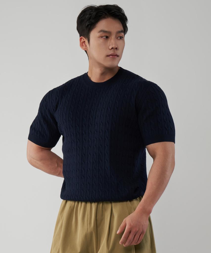 UNTAPPED STUDIO Muscle Fit Washable Cable Short Sleeve Round Knit 3 Colors