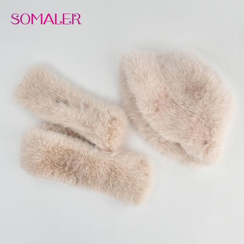 SOMALER Зимняя шапка из искусственного меха, шарф, комплект для женщин и девочек, теплые красочные шапки-ведра с шарфами