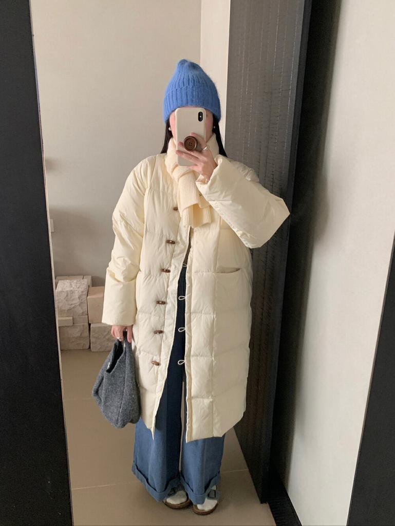 Длинная роговая пряжка пуховик женский 2024 зима новый высококачественный милый свободный теплый пиджак