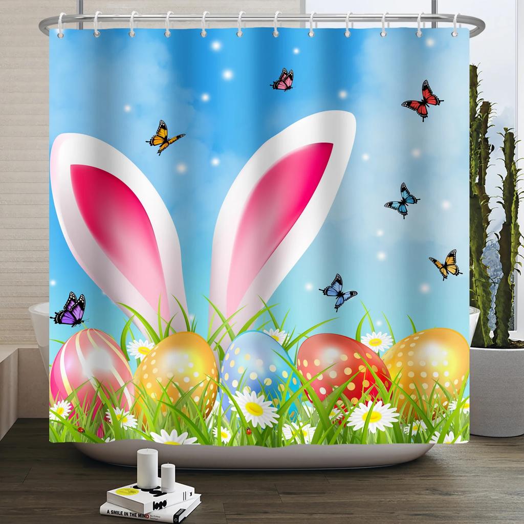 Весенняя Пасхальная Занавеска для душа Счастливый Кролик Кролик Яйца Цветочный Сад Цветочный Праздничный Водонепроницаемая Занавеска для душа для ванной комнаты с крючками