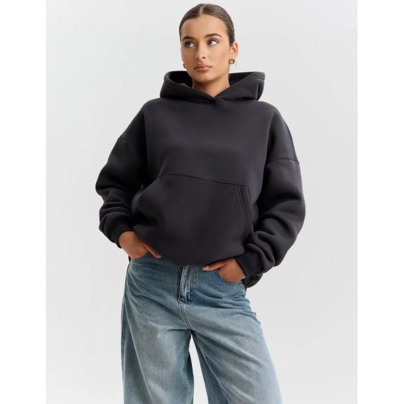 Womens Casual Hooded Sweatshirt Solid Color Loose Fit Long Sleeve Fall Winter Fashion Top