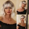 Platinum Bob Wig With Bangs Short Loose Wavy Synthetic Wigs for Women Cosplay Party Wig Dark Root Heat Resistant Fiber Fake Hair