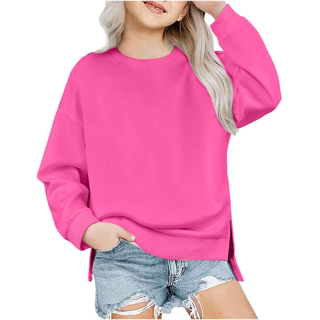 Children's Oversized Pullover Sweatshirt Girls' Round Neck Split-Front Solid Color Hoodie