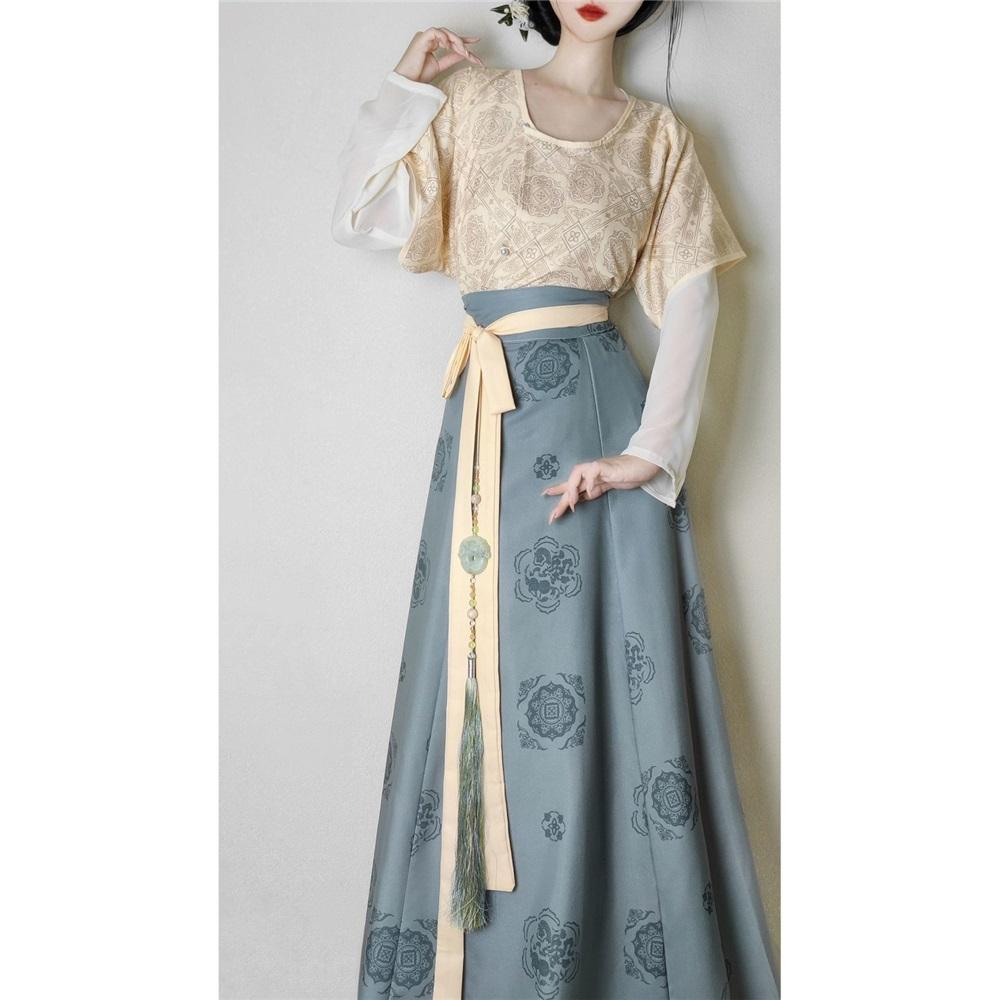 Chinese Tang Dynasty Style Hanfu Dunhuang Printed Round Neck Shirt Waist High One-piece Skirt Set For Women