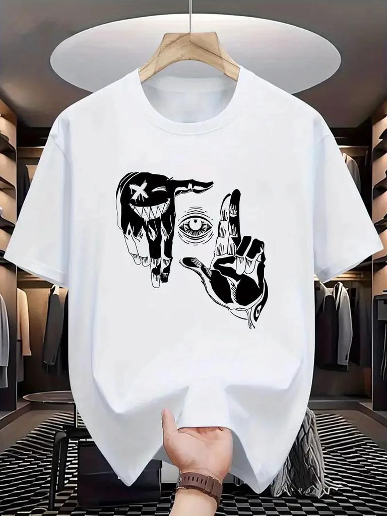 2025 Summer Men's 100_ Pure Cotton Casual Loose Plus Size Gesture Eye Personalized Pattern Printed Round Neck Short Sleeved