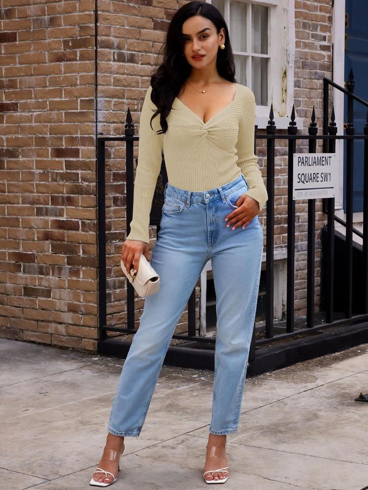 Осень Зима Женский Элегантный Вязаный Свитер с Длинным Рукавом и Перекрестом спереди, Роскошный Топ Свободного Кроя, Придающий Стройность и Универсальный