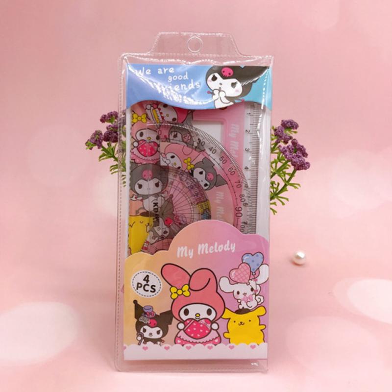 Набор линеек из 4 предметов Sanrio, милый аниме-мультяшный узор, треугольный транспортир, линейка для обучения студентов