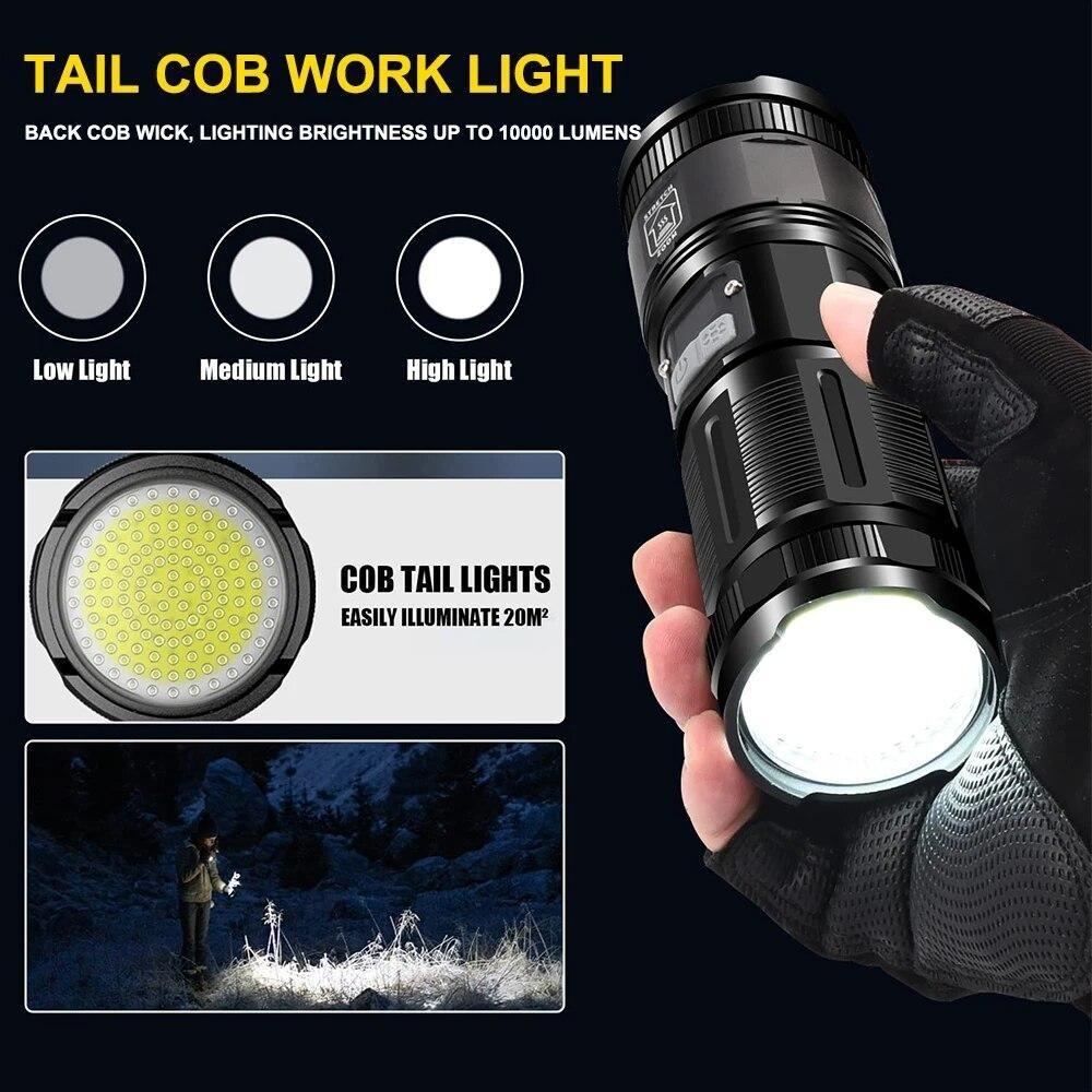 Super Bright LED Flashlight Rechargeable Type C 9000 mAh XPH90 COB Torch Light with Digital Display for Outdoor