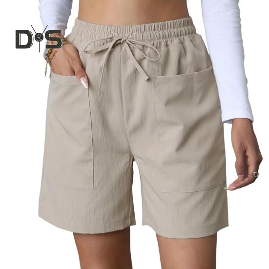 Women's Summer Shorts Casual Stretch Mid Waist Shorts with Pockets Drawstring Wide Leg Sports Pants Fitness Outfit