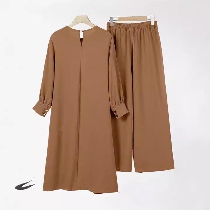 2024 Elegant Muslim Women's Two-Piece Set: Long Sleeve Shirt & Wide-Leg Pants with Side Slit