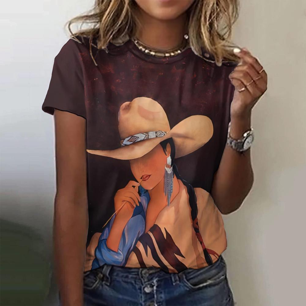 Western Cowgirl Print Vintage Women's T-shirts Casual Short Sleeves Tees Tops Summer Loose Handsome Women Clothing Pullover