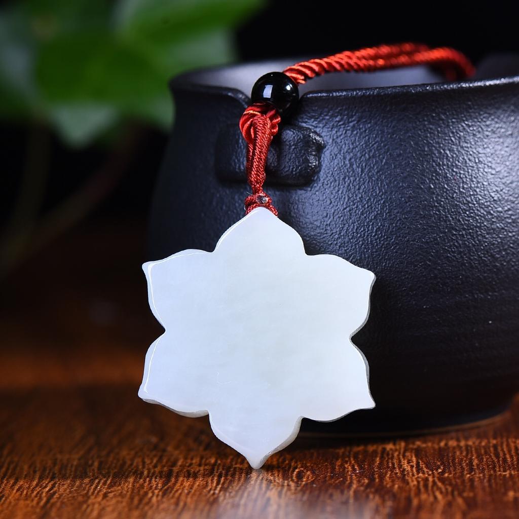 Natural Hotan Jade Auspicious Flower Pendant Women's Necklace Birthday Gift for Girlfriend and Wife with Certificate