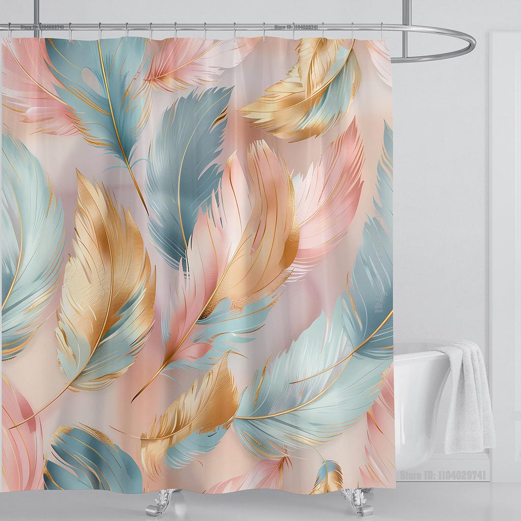3D Feather Shower Curtain Set Colorful Printed Design Fabric Bathroom Decoration Waterproof Washable Shower Curtain with Hooks