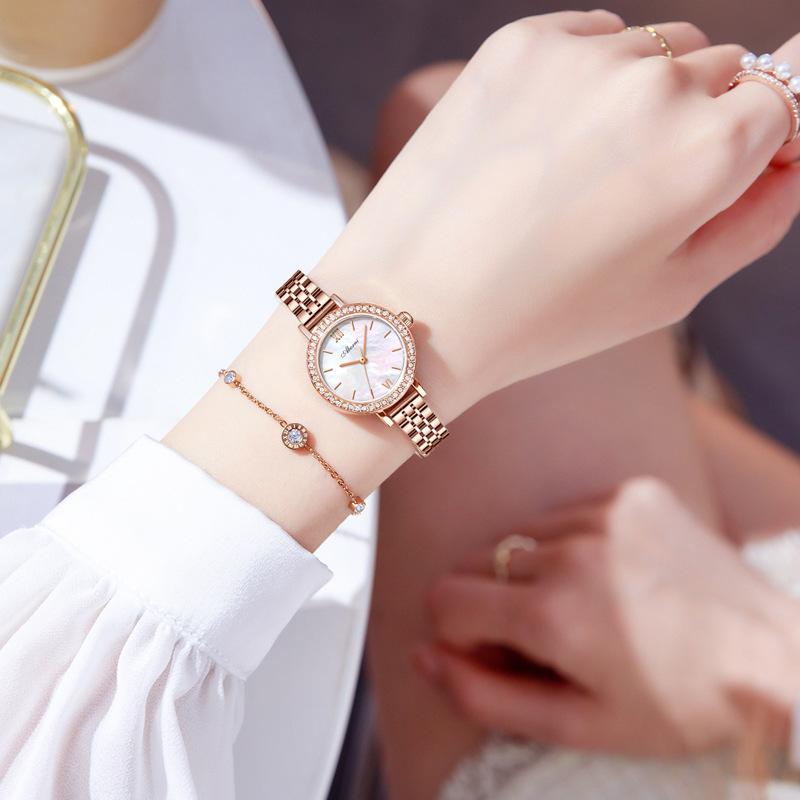 ABORNI женские часы нишевые легкие роскошные кварцевые часы водонепроницаемые маленькие золотисто-зеленые часы с инкрустацией бриллиантами