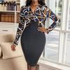 Women's Fashion Spring Fall Geometric Print Long Sleeve V-Neck High Waist Casual Dresses