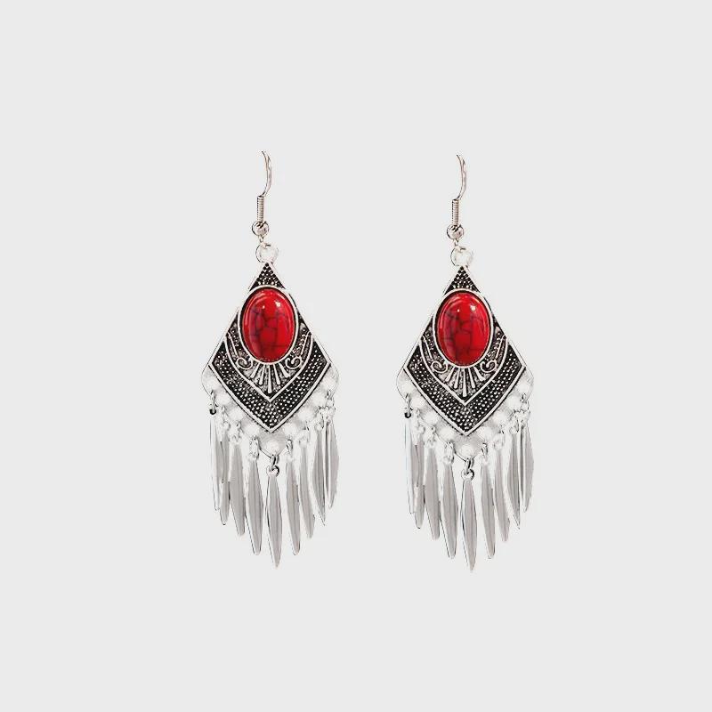 European and American Retro Hollow Turquoise Tassel Bohemian Earrings for Women