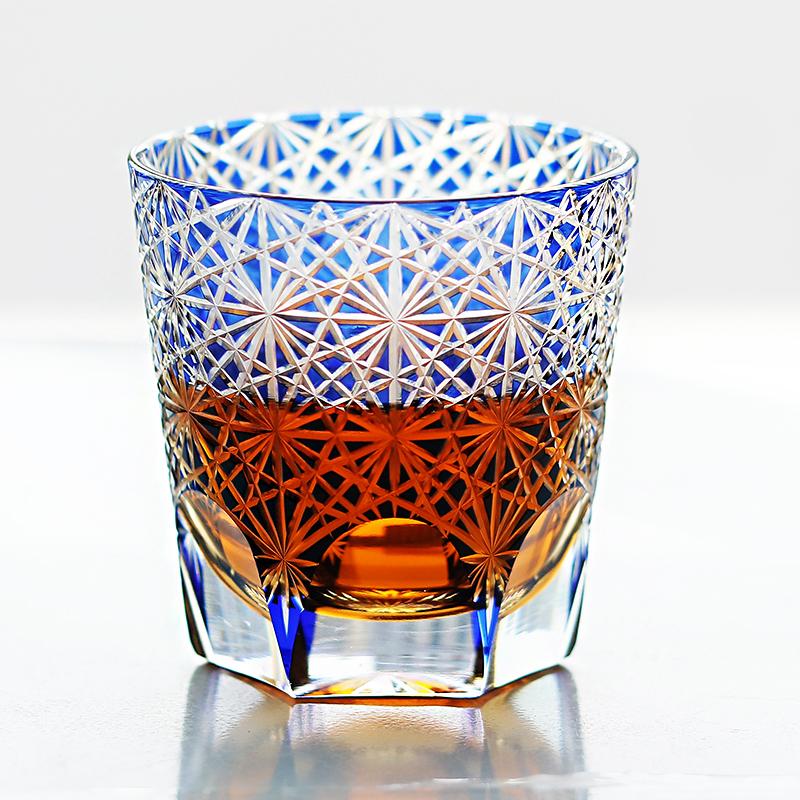 Handcrafted Edo Kiriko 240ml 320 ml Amber Colored Rocks Whiskey Tumbler Cocktail Glass for Home Bar Decor